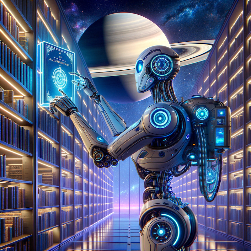 DALL-E Robot in Saturn Moon Library